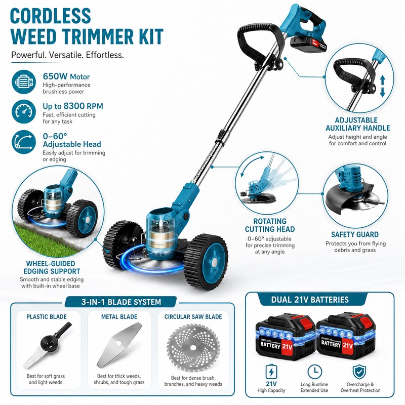 Cordless Weed Trimmer for Yard Care – 21V Adjustable Grass