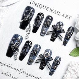 JODSONE Press on Nails Black and Blue Square Handmade 3D Fake Nail Tips Reuseable Fashionable Design Long Lasting Fit Easy to Create Exquisite Fingertips- Medium