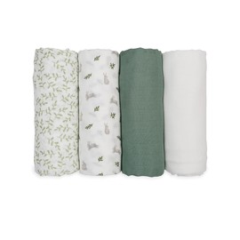 lulujo Set of 4 Deluxe Muslin Swaddle Blankets, Fern & Bunnies, 47 x 47-Inch