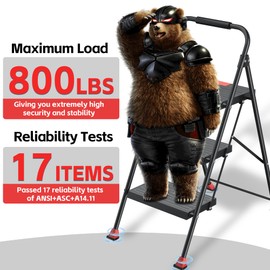 Step Ladder Foldable Folding Stool - for Home Adults Kitchen 3 Stepping Extension Tall Heavy Duty with Handrails - Closet Stepstool Stair Ladders Extendable Stepladder for Indoor House 800Lbs