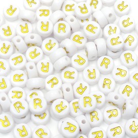 Bxwoum - 100 abalorio redondas de acrílico blanco de 4 x 7 mm con letra R del alfabeto dorado para hacer joyas, pulseras, collares, llaveros (R-100 unidades)