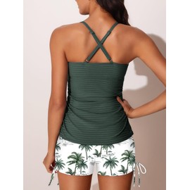 MiYang Twist Front Tankini Swimsuits for Women 2025 Flattering Tummy Control Ribbed Two-Piece Bathing Suits Green Shadow on White X-Large