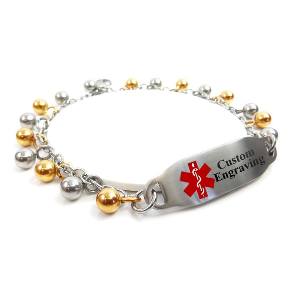 My Identity Doctor - Women's Medical ID Bracelet with Engraving - 316L 2mm Steel Drops - Red - Wrist Size 8.5 Inch