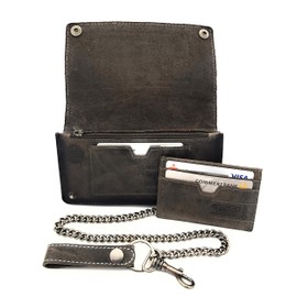 Lemasi Biker Wallet with Chain Natural Hunter Leather Wallet with RFID Protection Skull, Grey Neutral Long, Contemporary