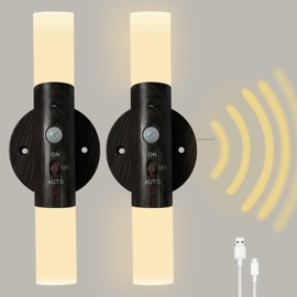 LED Motion Sensor Lights Wireless Wall Sconce Set of 2 Battery Operated Rechargeable Night Light Magnetic Adjustable Wall Lamp for Bedroom Living Room Hallway Stairway Vanity(2PCS,Black Wood)