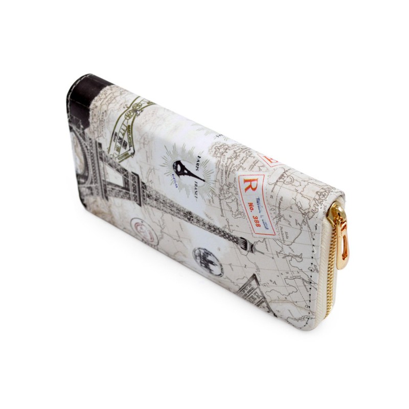 Premium Eiffel Tower & Map Print PU Leather Long Continental