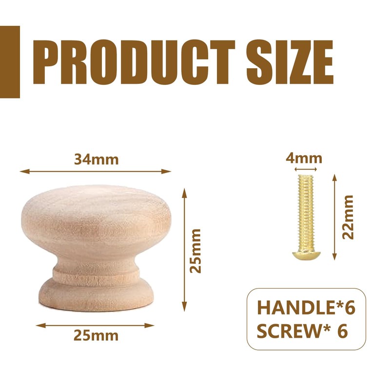 GMHLLES Wooden Drawer Knobs, 6 Pcs Wooden Door Knobs Handles