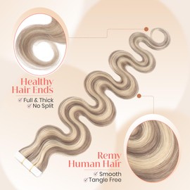 Elailite Wavy Tape in Hair Extensions Human Hair Body Wave Real Remy Hairpieces Dark Ash Blonde & Bleach Blonde 14 Inch 40g 20pcs Invisible Seamless Skin Weft Best Tape for Women