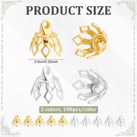 CRAFTYMELODY 200Pcs 2 Colors Brass Bead Cap Bails 7-Petal Flower Bead End Caps 8x8mm Bail End with Loops for Earrings Bracelets Pendants Rings Jewelry Making DIY Crafts Silver Golden