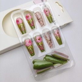 UEYRSEDB Pink Flower Press on Nails Medium Coffin Spring Green Fake Nails with Pink Flower Design Rhinestone Charms Glue on False Nail Spring Floral Artificial Stick on Nail for Women Girls 24Pcs
