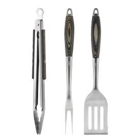 Grilaz Stainless Steel BBQ Tool Set with Veined Dyed Wood Handles | Heavy Duty Grilling Accessories | 3-Piece Outdoor Barbecue Grill Utensil Set with Spatula, Fork, and Tongs - Ideal Gift for Men