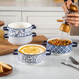 Cerkik Soup Bowls with Handles - 24oz Ceramic French Onion Soup Crocks Serving Bowls for Pasta Cereal Beef Stew Pot Pies Casserole - Oven Microwave Dishwasher Safe - Set of 4, Blue