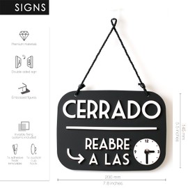 Abierto Cerrado Sign Vuelvo Enseguida with Suction Cup, Vintage Retro - Changeable Opening Times, with Time Display and Movable Hands (Black, Spanish)