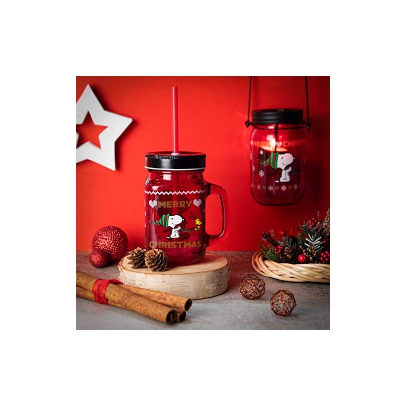 Excelsa Peanuts Christmas Lantern Tealight, Red with Decoration, Size: 7.5