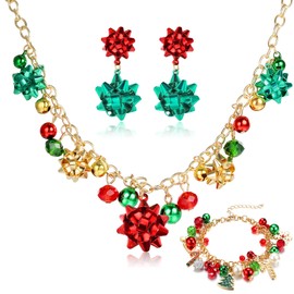 sailimue Christmas Necklace Colorful Sparkly Rhinestone Pearl Snowflake Charm Collar Necklace Earrings Set Novelty Santa Jewelry for Women