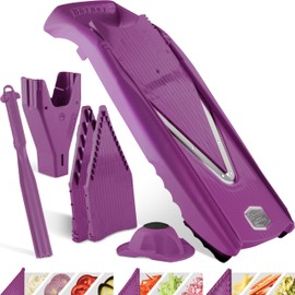 Börner Gemüsehobel V5 (Plus Set) • Verstellbarer V-Hobel mit extra viel Zubehör + Schäler • Gemüseschneider mit Edelstahl V-Klinge • Für Scheiben, Streifen, Würfel • Farbe: Violett