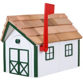 Amish Cedar Roof Wooden Mailbox with Window & Door Trim (White with Forest Green Trim)
