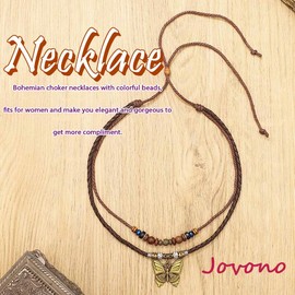 Jovono Vintage Butterfly Pendant Necklace, Layered Retro Wooden Beads, Woven Necklaces for Women, One Size, Plastic, No Gemstone, Plastic, No Gemstone