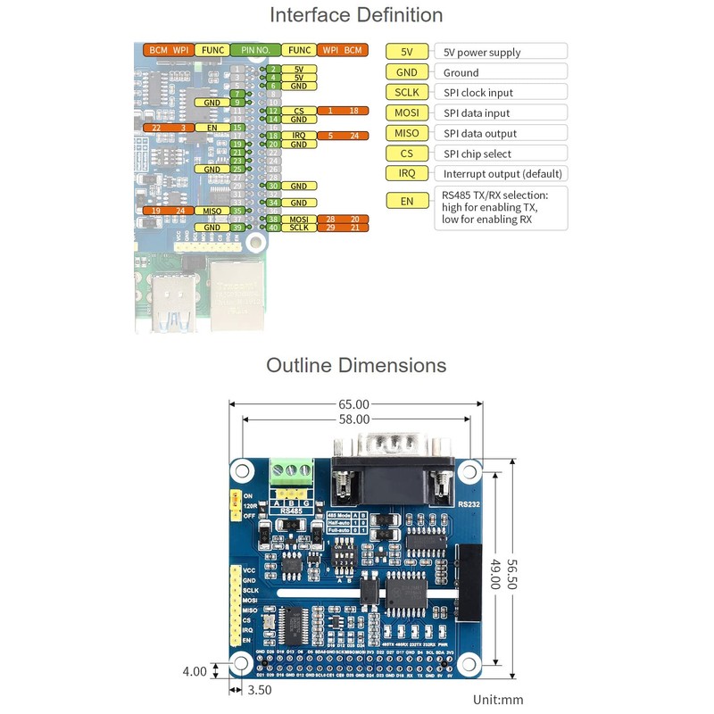 Waveshare Isolated RS485 RS232 Expansion HAT for Raspberry Pi SPI
