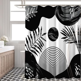 Black Boho Mid Century Shower Curtain, Abstract Black and Grey Arch Sun Bohemian Bathroom Decor, Plant Leaf Chic Print Shower Curtain Machine Washable Waterproof Fabric with 12 Pack Hooks 72Wx72L