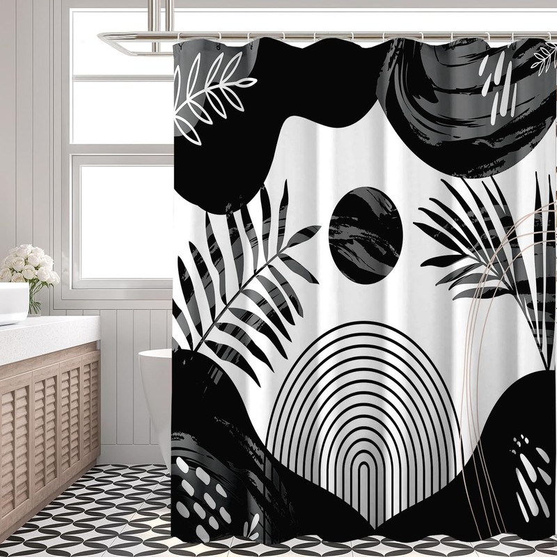 Black Boho Mid Century Shower Curtain, Abstract Black and Grey