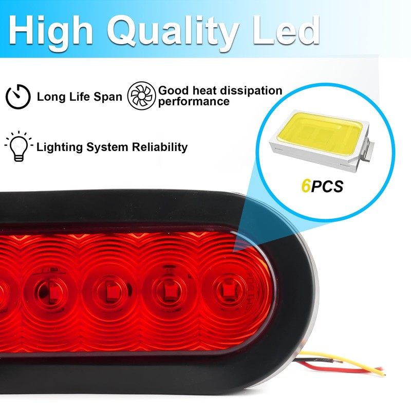 LIGBT 2PCS 6 Inch Oval Red LED Trailer Tail Lights