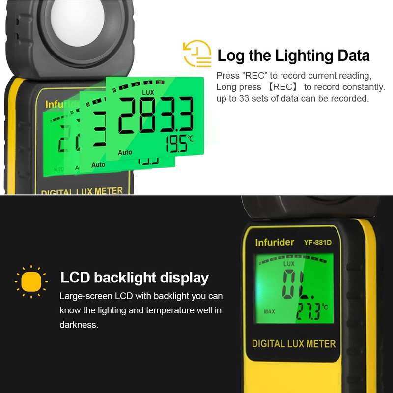 INFURIDER Digital Luxmeter Light Meter YF-881D Illuminometer 0.1-400,000 Lux Light