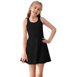 Haloumoning Girls Sleeveless Tennis Dress Kids Racerback Golf Dress School Sports Dresses Outfit with Shorts Pockets Black