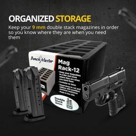 BenchMaster Double Stack 9mm Mag Rack (4" x 4" x 7.8"), Pistol Rack, Pistol Magazine Holder, Gun Parts & Accessories, Shock Absorption, Lightweight, Holds 12 Mags