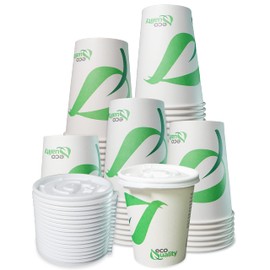 8 oz Compostable Paper Cups with White Flat Lids - Biodegradable Disposable White Paper Coffee Cups PLA Lined - Eco-friendly Hot and Cold Drinking Cups (25)