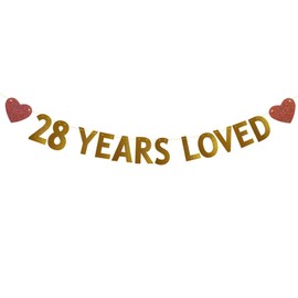 Betteryanzi Gold 28 Years Loved Banner,Pre-Strung,28th Birthday/Wedding Anniversary Party Decorations Supplies,Gold Glitter Paper Garlands Backdrops,Letters Gold 28 Years Loved