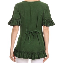 Sakkas 1663 - Sayle Long Star Embroidered Blouse Shirt Top with Button Front and Ruffles - Green - S/M