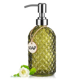 MOCLIF 16 OZ Clear Soap Dispenser with 304 Rustproof Stainless Steel Pump Bathroom Kitchen,Refillable Liquid Glass for Hand Soap, Dish Soap, Lotion(Green)