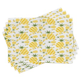 Lunarable Pineapple Place Mats Set of 4, Funny Pattern of Simplistic Ananas Fruit Repeating Modern Minimal Print, Washable Fabric Placemats for Dining Table, Standard Size, Olive Green Mustard