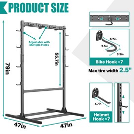 EVERHANGER Freestanding Bike Stand Rack with Adjustable Hooks, Vertical Bike Stand for Garage, Bicycle Storage Organizer, Holds Up to 7 Bikes & 7 Helmets