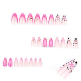 Handmade Press on Nails Medium Almond Fake Nails with White Flower Charm Design Pearl French Tips False Nails Seashell Starfish Stick on Nails Glossy Summer Glue on Nails for Women Manicure 24Pcs