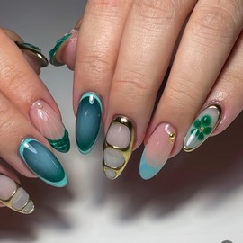 Medium Press on Nails Almond Fake Nails Green False Nails with Gold Designs Glue on Nails Glossy Stick on Nails Cute Artificial Nails for Women 24Pcs
