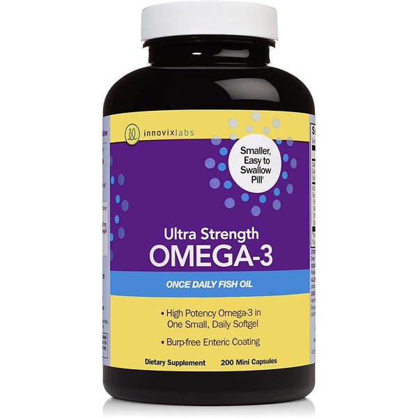 InnovixLabs Ultra Strength Omega 3 Fish Oil - Small, Burpless Fish Oil (44% Smaller Than Triple Strength Omega 3) - For Brain & Heart - IFOS Certified - EPA DHA Omega 3 Supplement - 200 Small Capsules