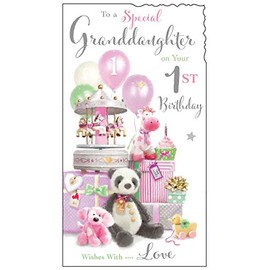 Jonny Javelin Special Granddaughter Age 1 Today 1st Birthday Card - Panda Teddy Toys Balloons