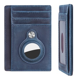 Hawanik Genuine Leather Slim Minimalist Front Pocket Wallet with Built-in Holder for AirTag