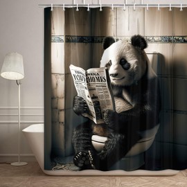 JAWO Funny Animal Shower Curtain, Panda Cool Animal Cute Newspaper Modern Light Grey Polyester Washable Decorative Dorm Bathroom Fabric Farm Fashion Bathroom Shower Curtain Set with 12 Hooks 72X72