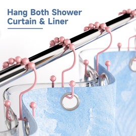 Titanker Shower Curtain Hooks Rings, Rust-Resistant Metal Double Glide Shower Hooks for Bathroom Shower Rods Curtains, Set of 12 Hooks - Light Pink