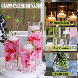 FFUW 12 Sets Glass Cylinder Vases for Centerpieces with 24 Floating Candles 400 Acrylic Fake Ice Cubes 6 Pearl String Vase Filler Hurricane or Floating Candle Holder for Party Wedding Home Table Decor