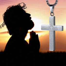 FUTPLOR Bible Cross Necklace Touchable Bible Text Pendant Cross Bible Verse Jewelry Lord's Prayer Pendant 3D Relief Text Crucifix Stainless Steel Religious Christian Faith Gifts for Men Women (Silver)