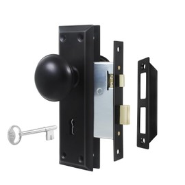 Mortise Lock Set for Interior Door, Vintage Old Door Knobs with Lock and Skeleton Key, Antique Door Knobs Matte Black Finish