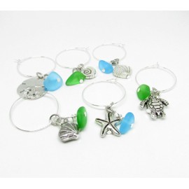 Wine Glass Charms Set of 6 - Sea Glass Charms for Wine Glasses - Beach Party Favors - Kitchen Decor - Valentines Day Gifts for Her