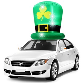 Leyndo 6FT St Patricks Day Inflatables Hat Car Roof Decorations, Blow up Leprechaun Hat with Gold Shamrock, Saint Patricks Day Inflatable with Built-in LED Lights for Yard Garden Lawn Decor