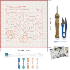 FREEBLOSS DIY Punch Needle Kits for Beginners Beach Pattern Embroidery Punch Needle Starter Craft Rug Hooking Beginner Kit Punch Needle Rug Kit Embroidery Set Easy for Adults Decoration 24 x 24 cm