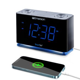 Emerson CKS1507 Smartset Radio Alarm Clock, 1.4" Blue LED Digital Display, USB Charging Port, Brightness Dimmer Controls, Bluetooth Connectivity, Set Alarm to Radio, Music, or Buzzer, Black