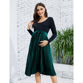 FUNJULY Maternity Skirts Velvet High Elastic Waisted A Line Pleated Ruffle Casual Flowy Swing Holiday Skirt with Belt Dark Green M